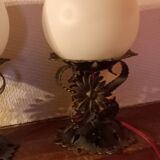 Pair of vintage wrought iron and opaline lamps from the 1960s.