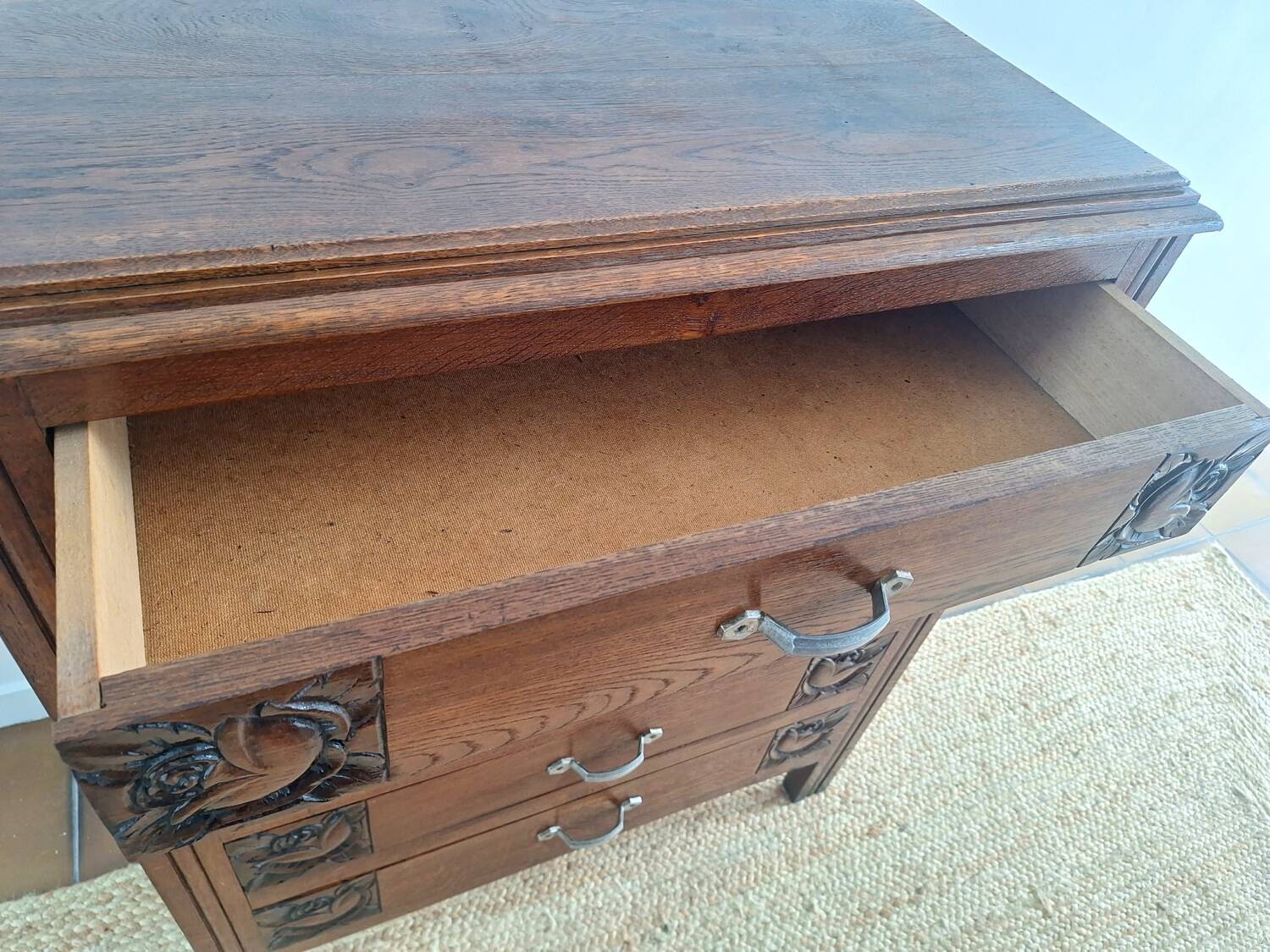 Commode art déco plateau bois, meuble ancien vintage