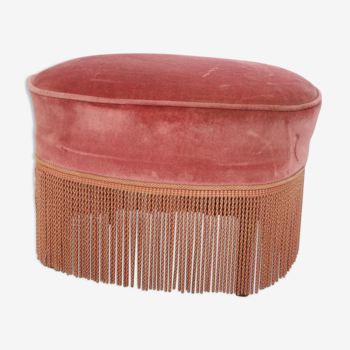 Ottoman, pink velvet footrest with napoleon fringe