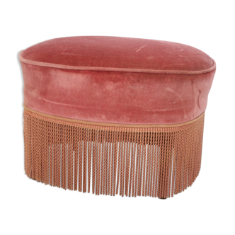 Ottoman, pink velvet footrest with napoleon fringe