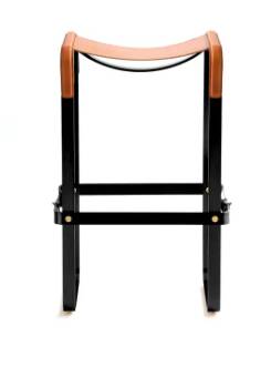 Contemporary Kitchen Bar Stool in Black Metal and Natural Tobacco Leather