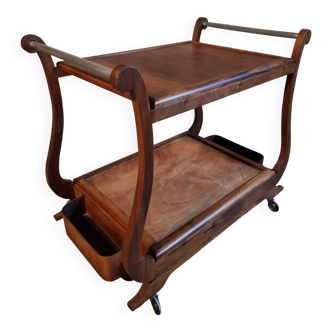 Vintage French service trolley in walnut with wheels, mid-20th century.