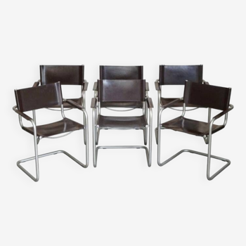Suite vintage de 6 chaises structure tubulaire en cuir design Bauhaus Marcel Breuer Mart Stam