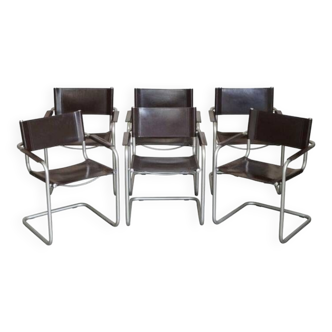 Suite vintage de 6 chaises structure tubulaire en cuir design Bauhaus Marcel Breuer Mart Stam