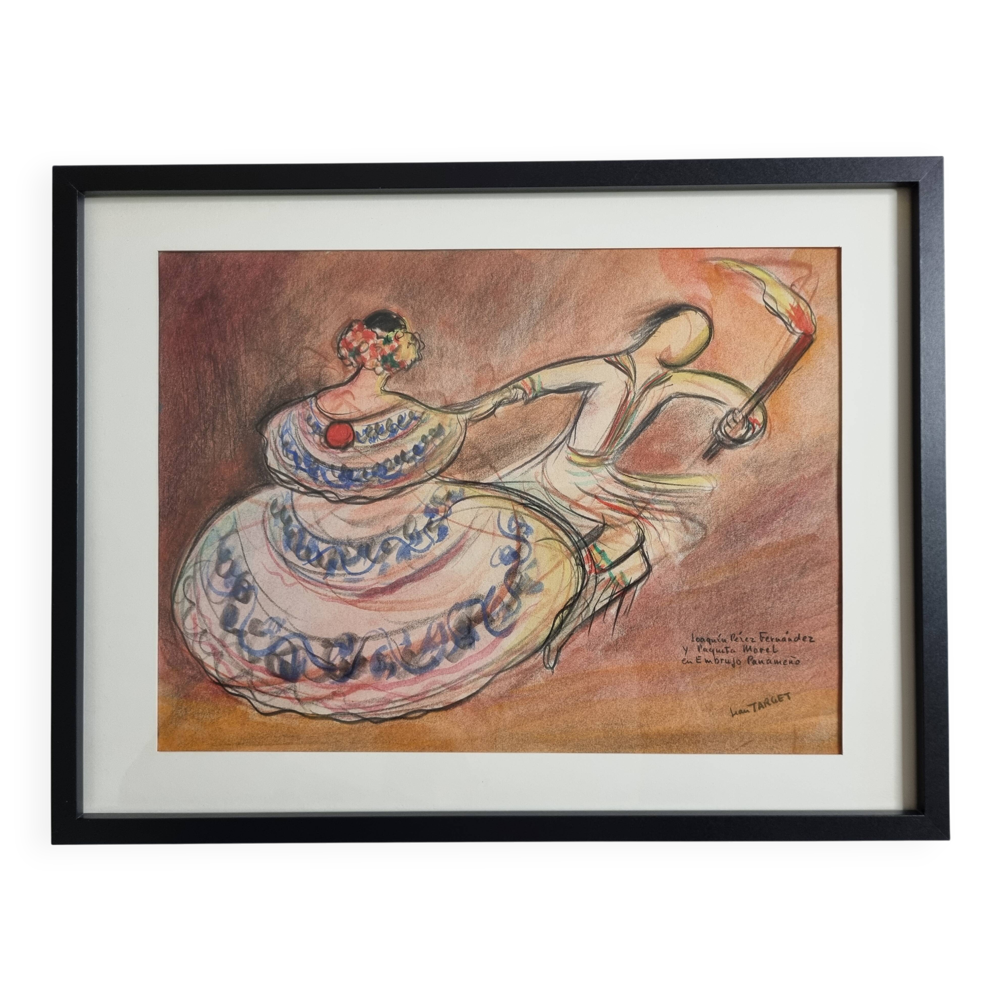 Original pastel signed by Jean Target, Mexican folk dance, 30x40 cm