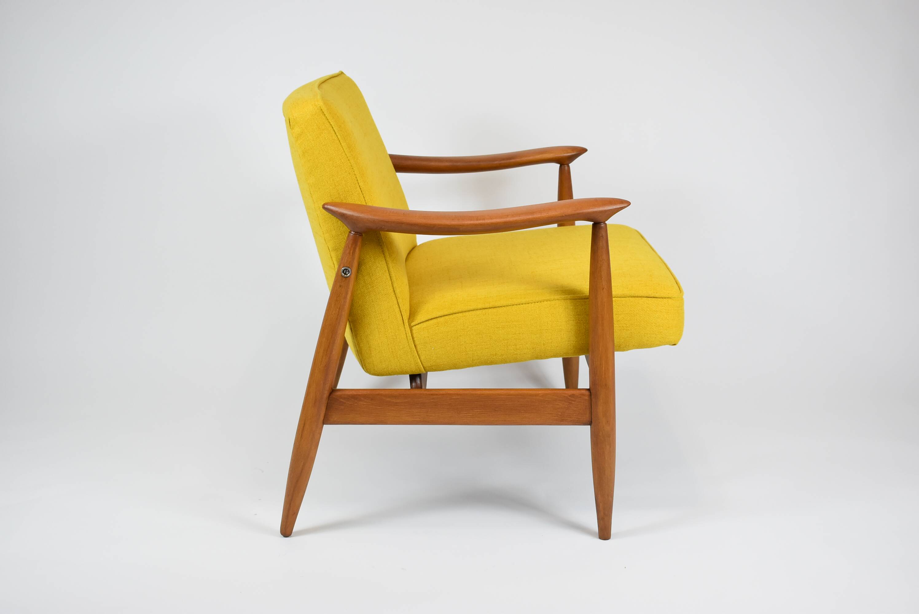 Vintage original armchair , 1960s, fully restored, yellow fabric, teak