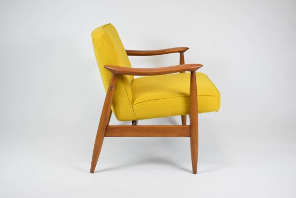 Fauteuil vintage d'origine, années 60, entièrement restauré, tissu jaune, teck