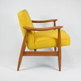 Vintage original armchair , 1960s, fully restored, yellow fabric, teak
