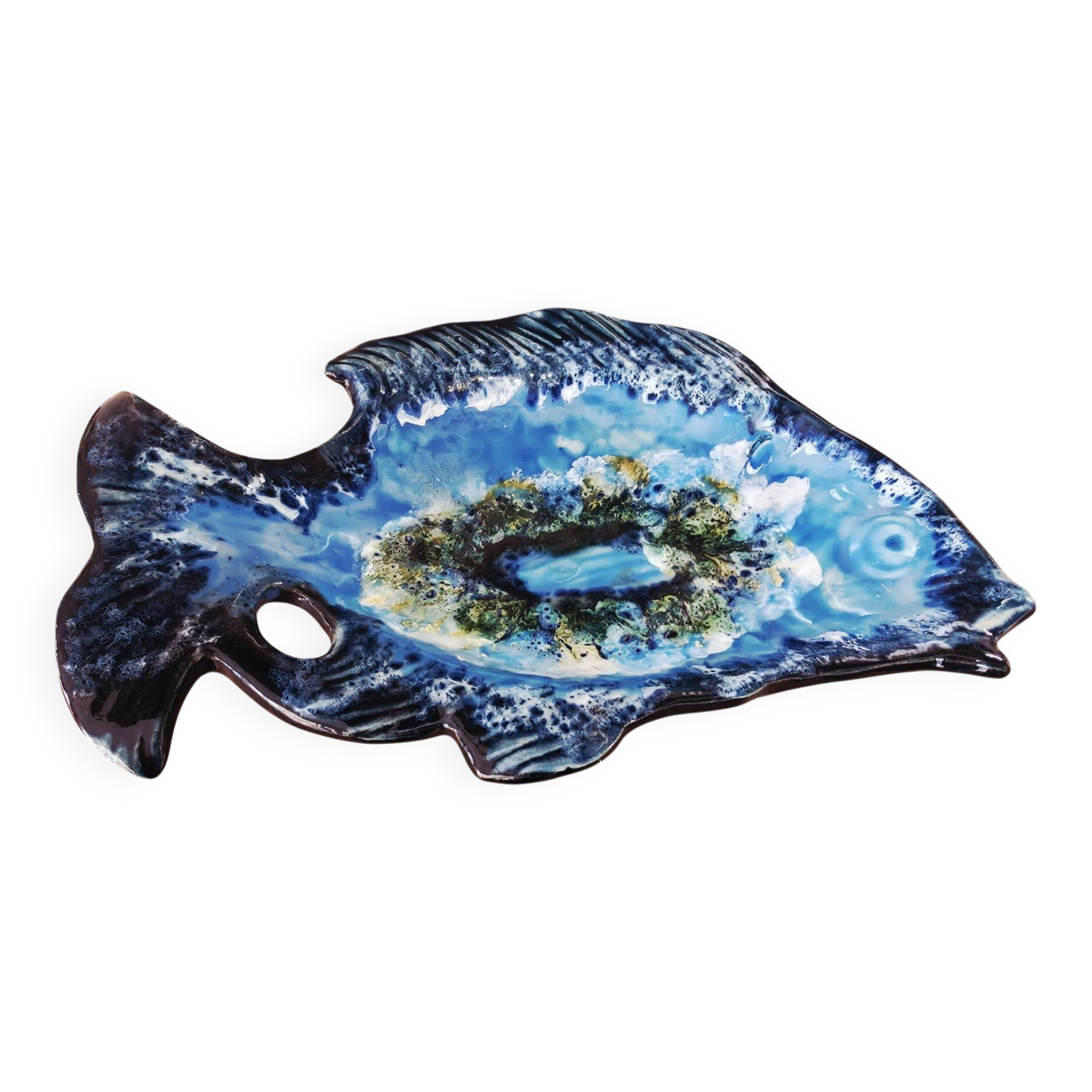 Vintage Vallauris Ceramic Fish Plate – Sea Foam Glaze –