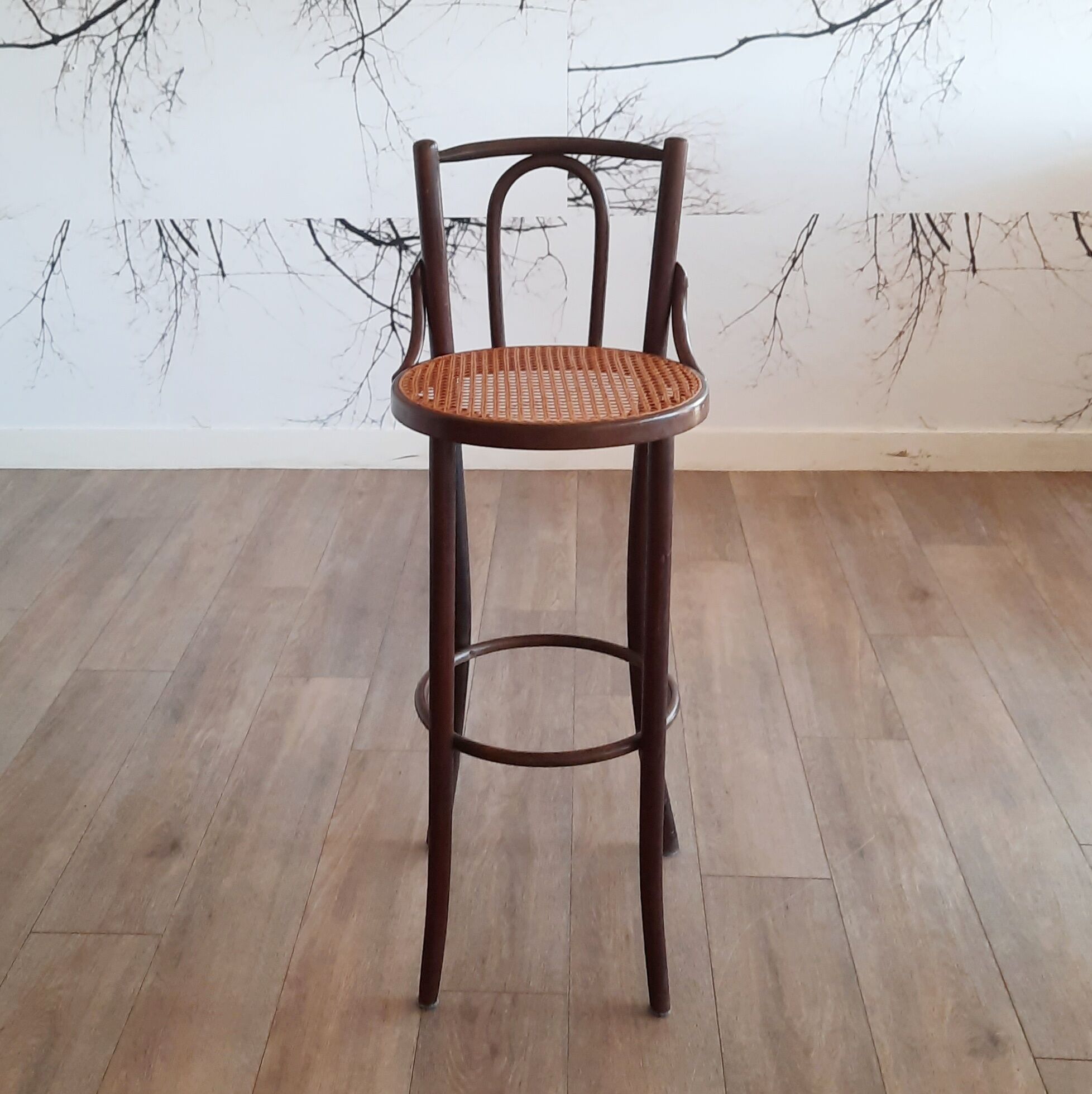 Set of 3 bentwood bar stools with rattan seats, 1970s