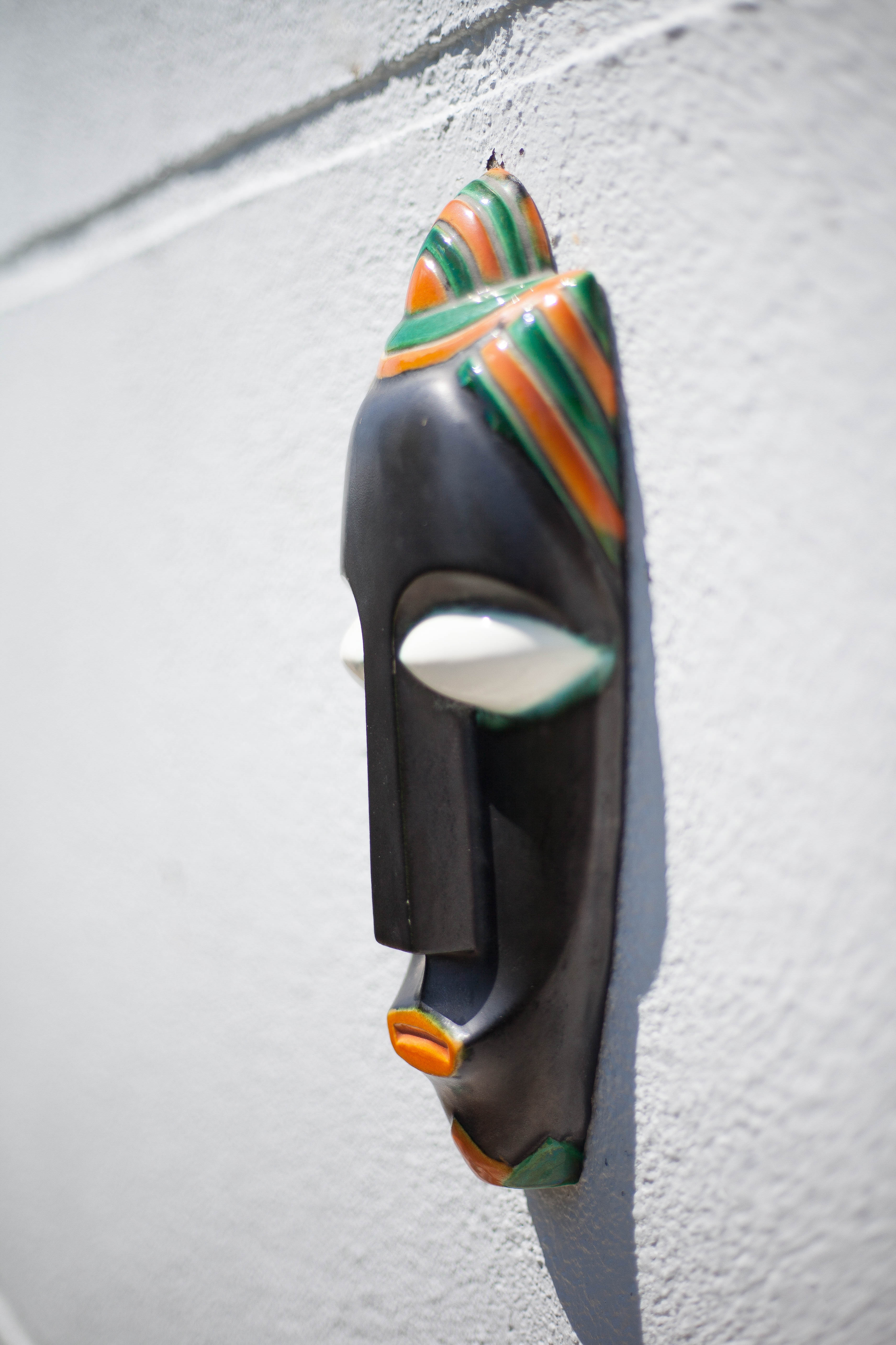 African polychrome faience mask from the Claude Tabet workshop, wall decoration, 50/60's