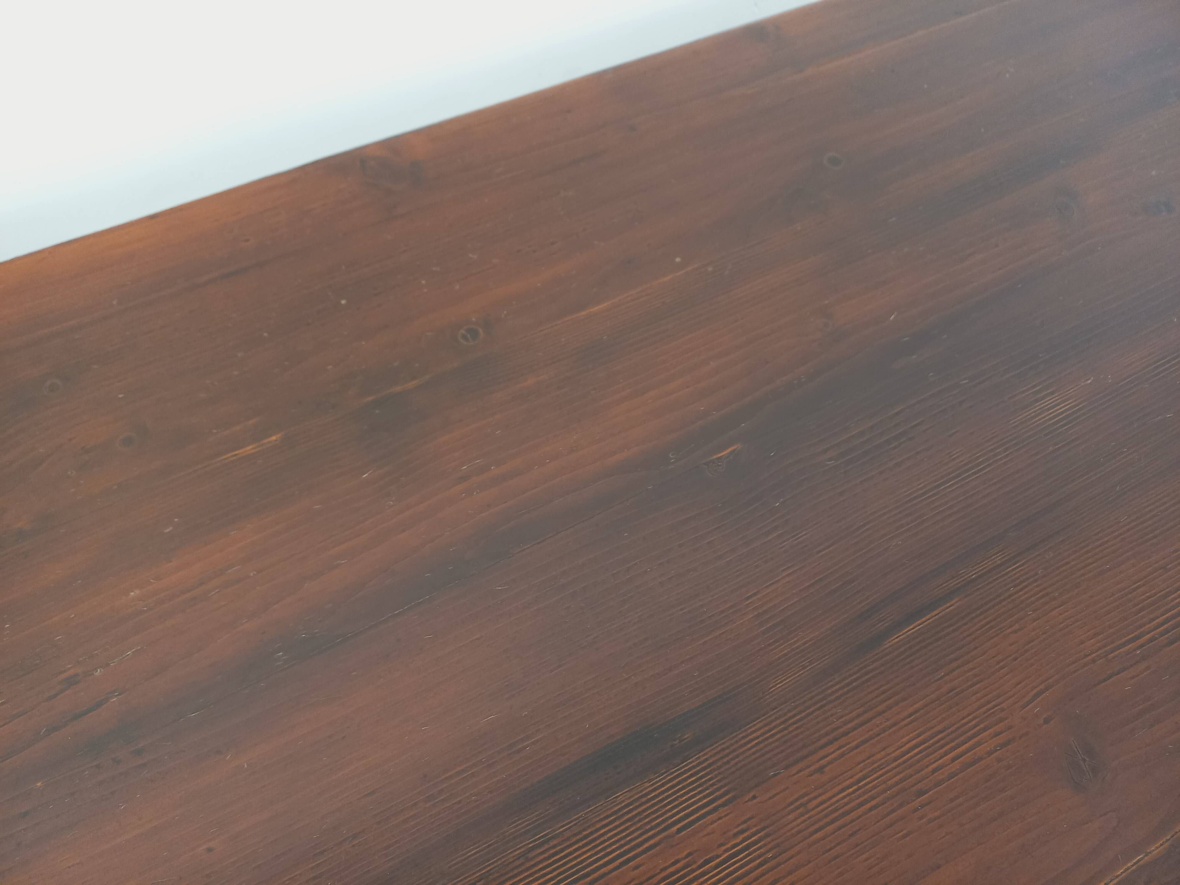 Brutalist rectangular dining table by Georges Robert in pine wood.