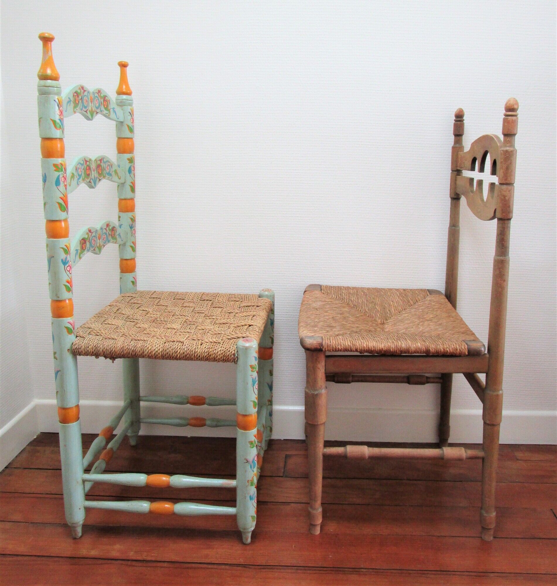 Two chairs patinated polka dots and painted wood folk art seat vintage straw