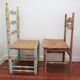 Two chairs patinated polka dots and painted wood folk art seat vintage straw