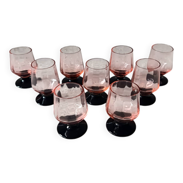9 verres à liqueur français rose pied noir vintage france