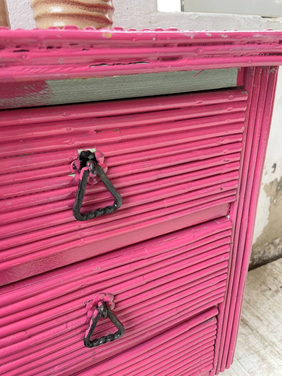 Vintage pink rattan chest of drawers
