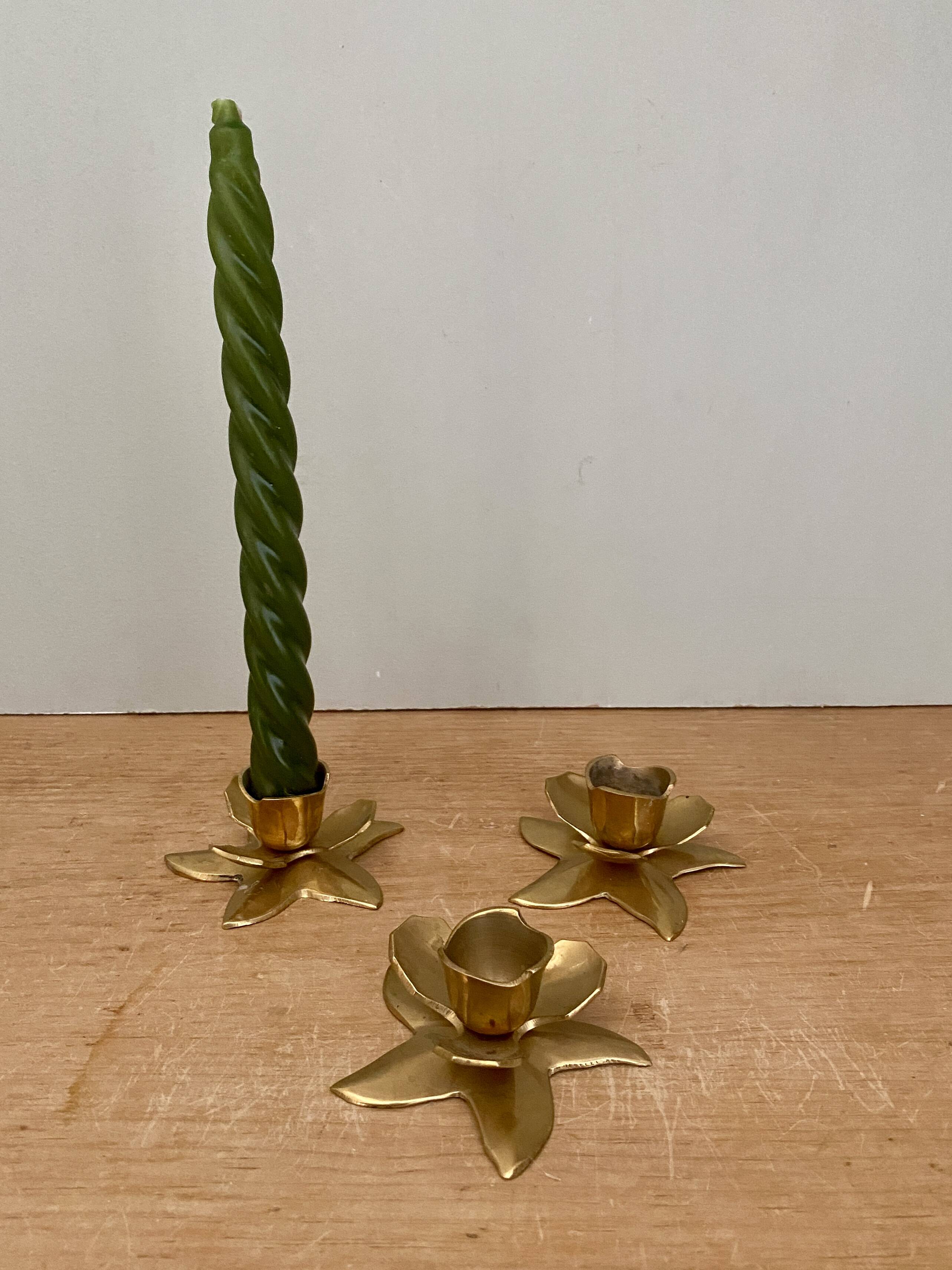 Set of 3 vintage candle holders in gold-plated brass