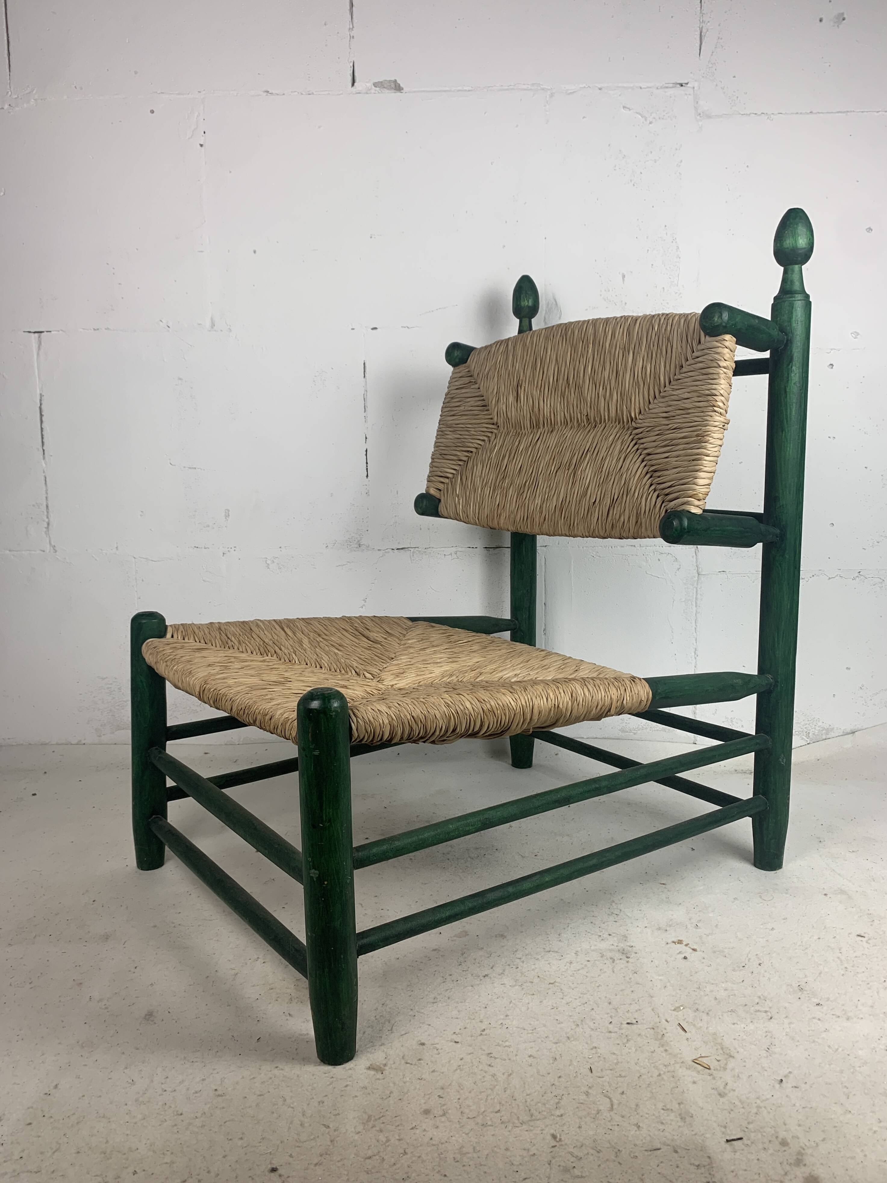 French straw rush low lounge chair in the style of Charles Dudouyt, 1950s