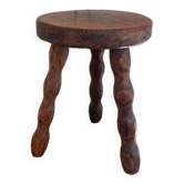 Tabouret tripode, pied perle, en bois massif, vintage