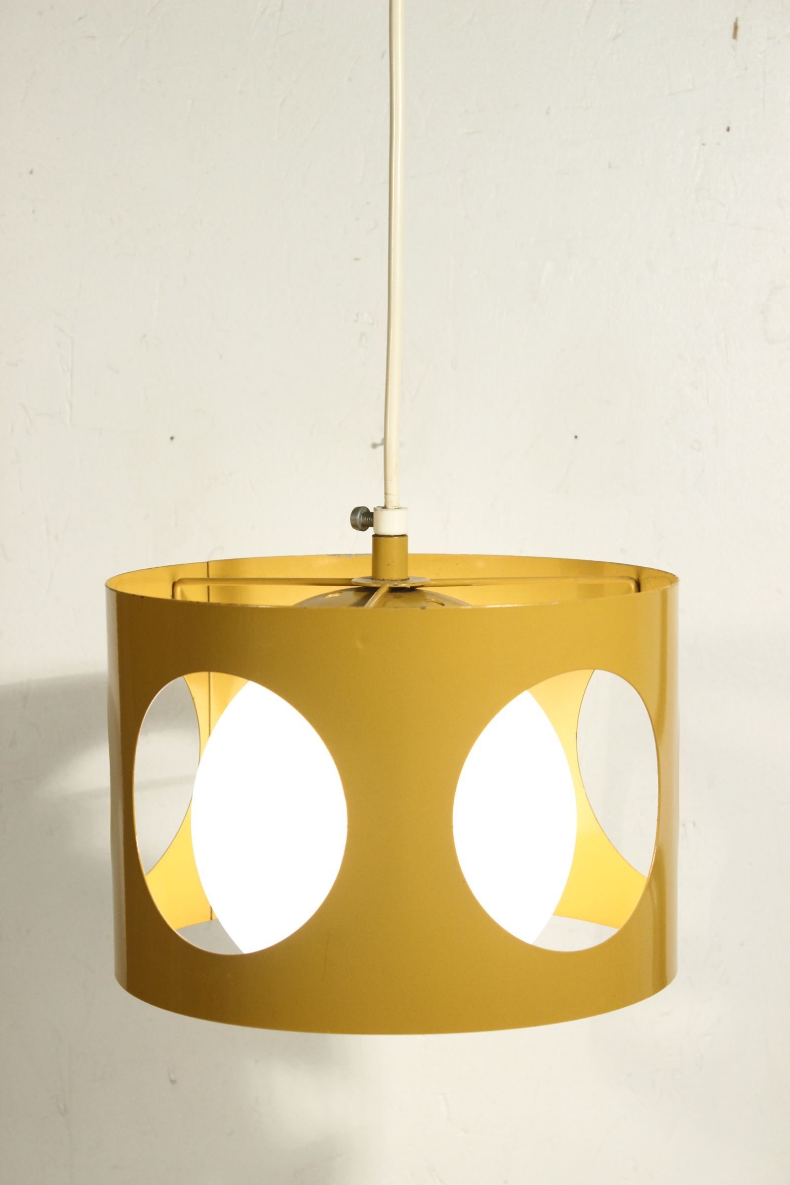 Delmas pendant lamp France 60s openwork yellow sheet & opaline
