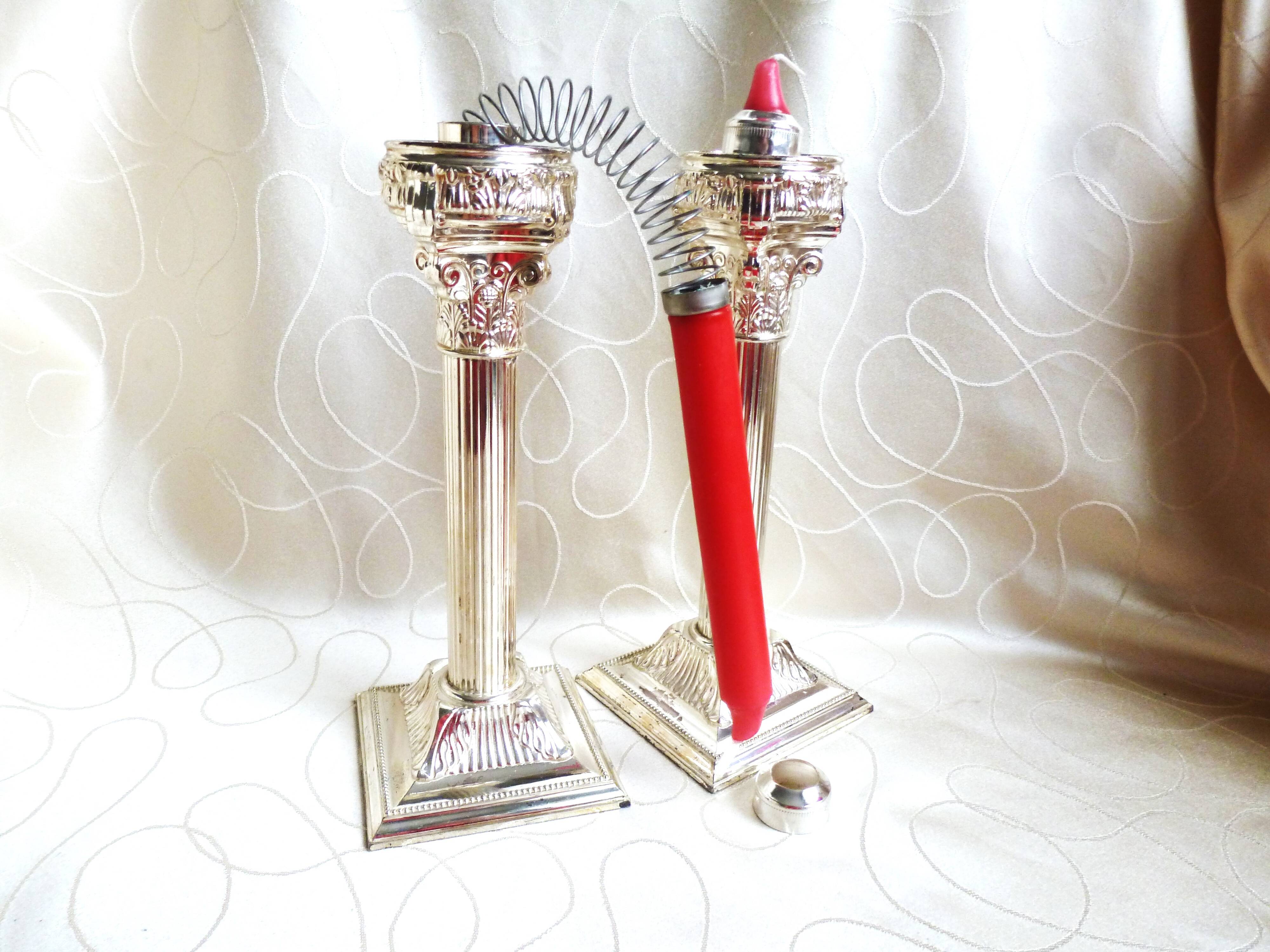 Set of 2 silver metal candle holders, silver metal candle holders