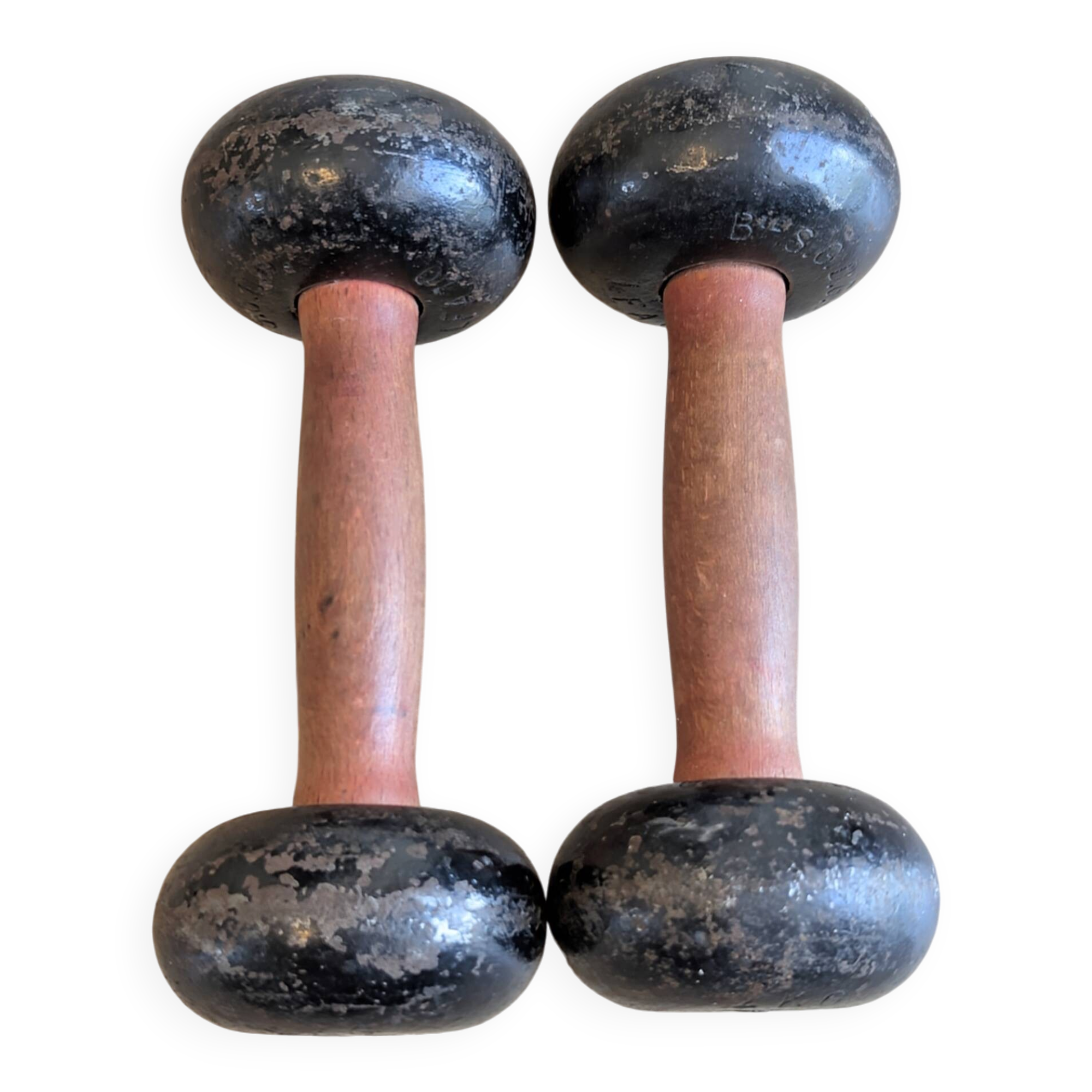 Vintage 2 kg cast iron and wood dumbbell set