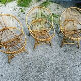 Set of 3 rattan ball and wicker armchairs
