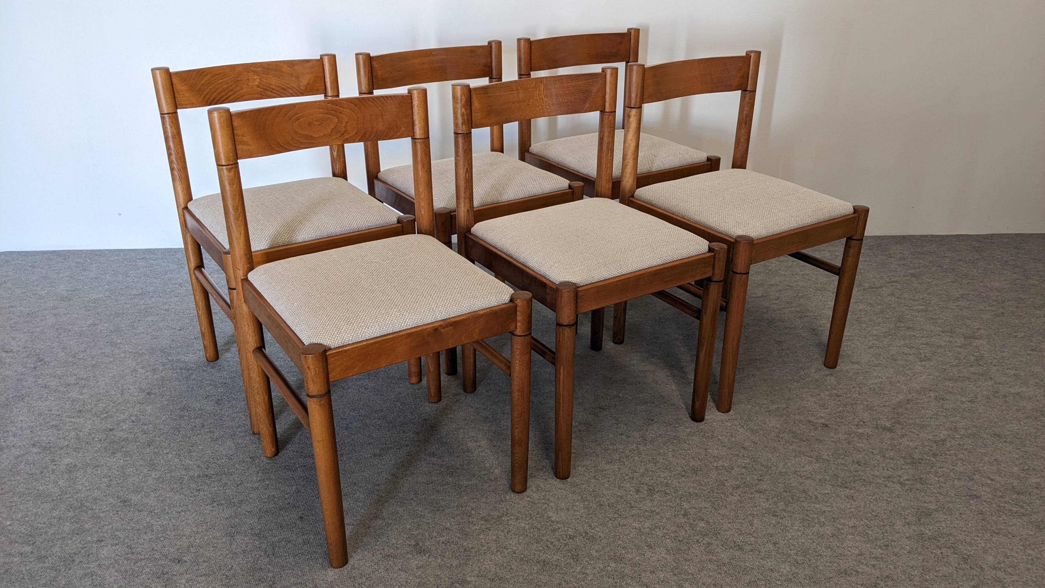 Set of 6 brutalist beech chairs, France circa 1970