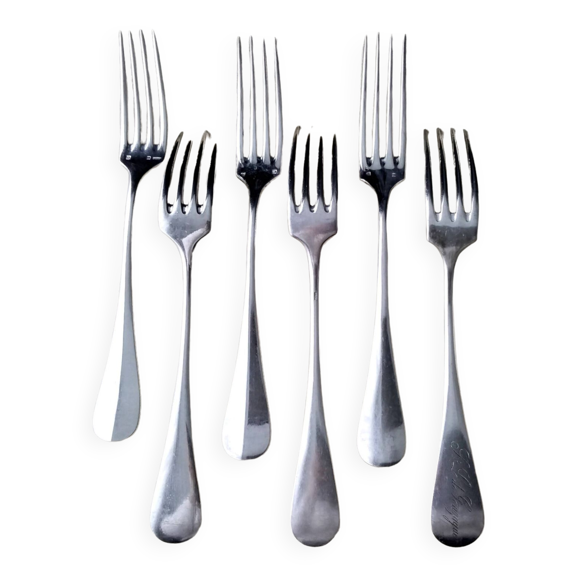 Set of 6 silver metal table forks Uniplat model