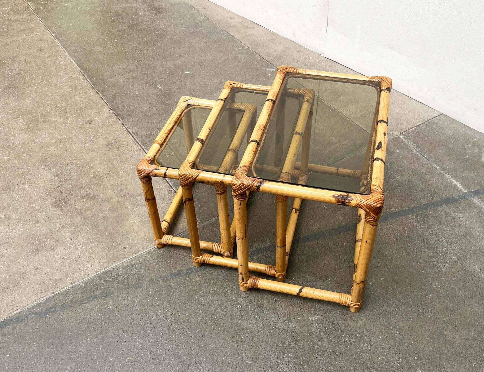 Nest of bamboo and glass tables in mid-century style, 1960s, set of 3.