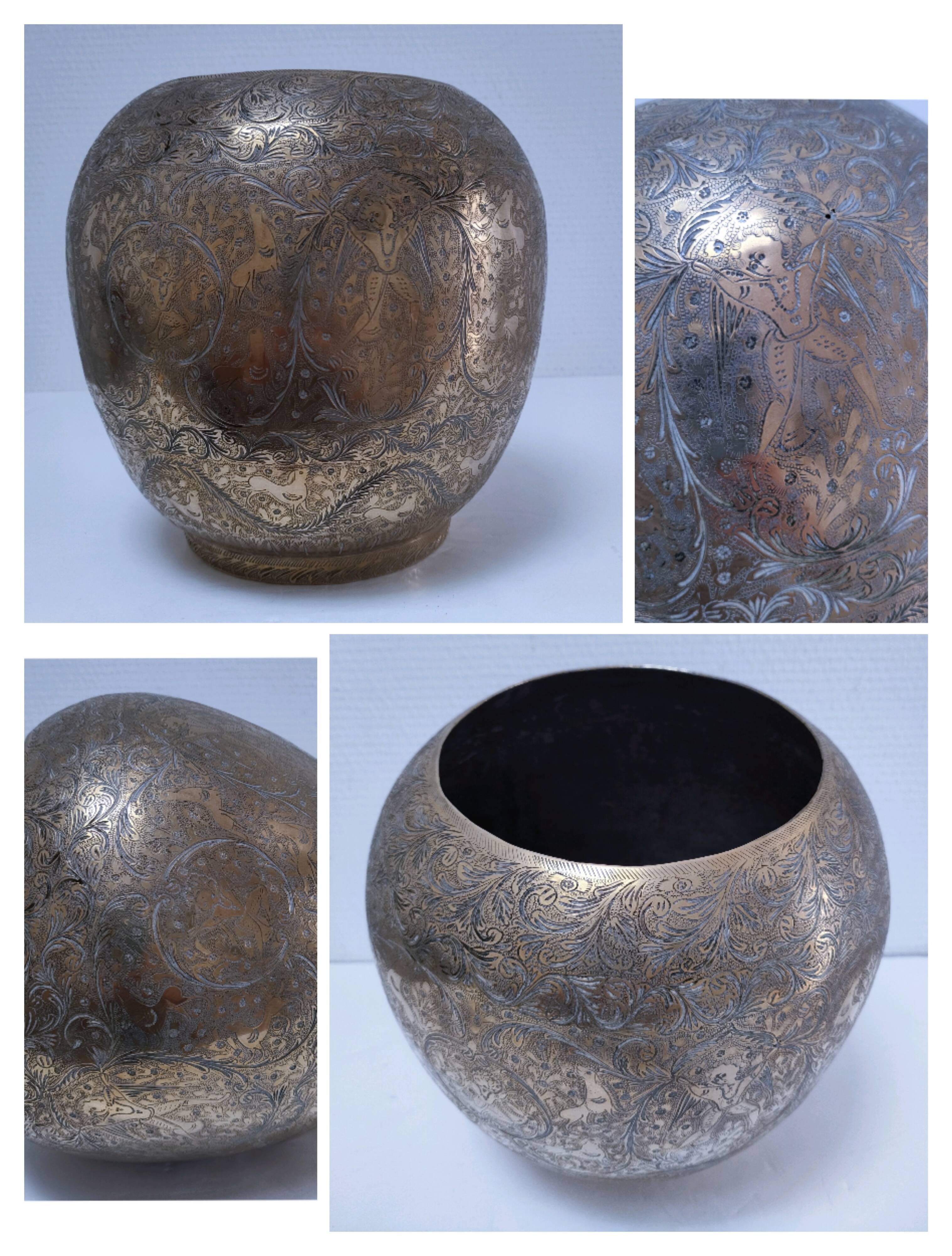 Solid brass pot cover engraved with animal, plant and character decoration