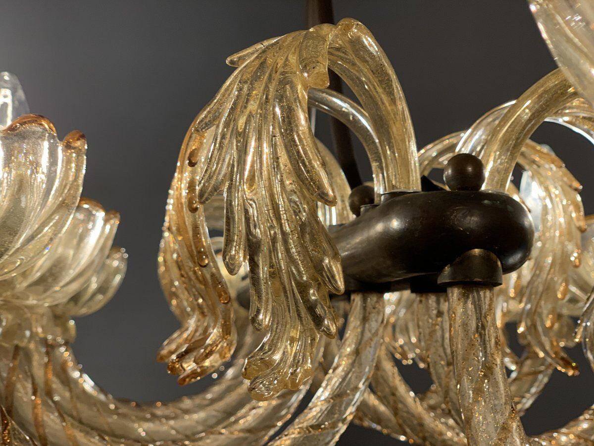 Lustre en verre de Murano doré et mordoré, Venise vers 1940