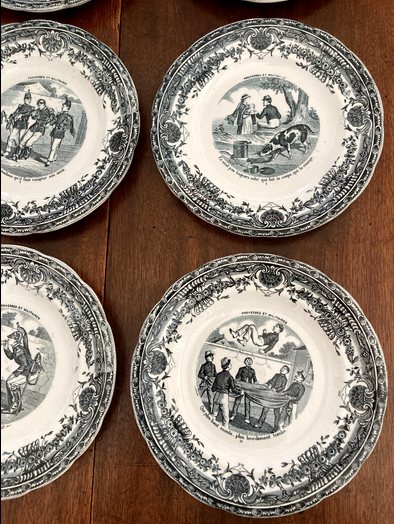 Servide 6 old dessert plates - proverbs and military - porcelain of gien