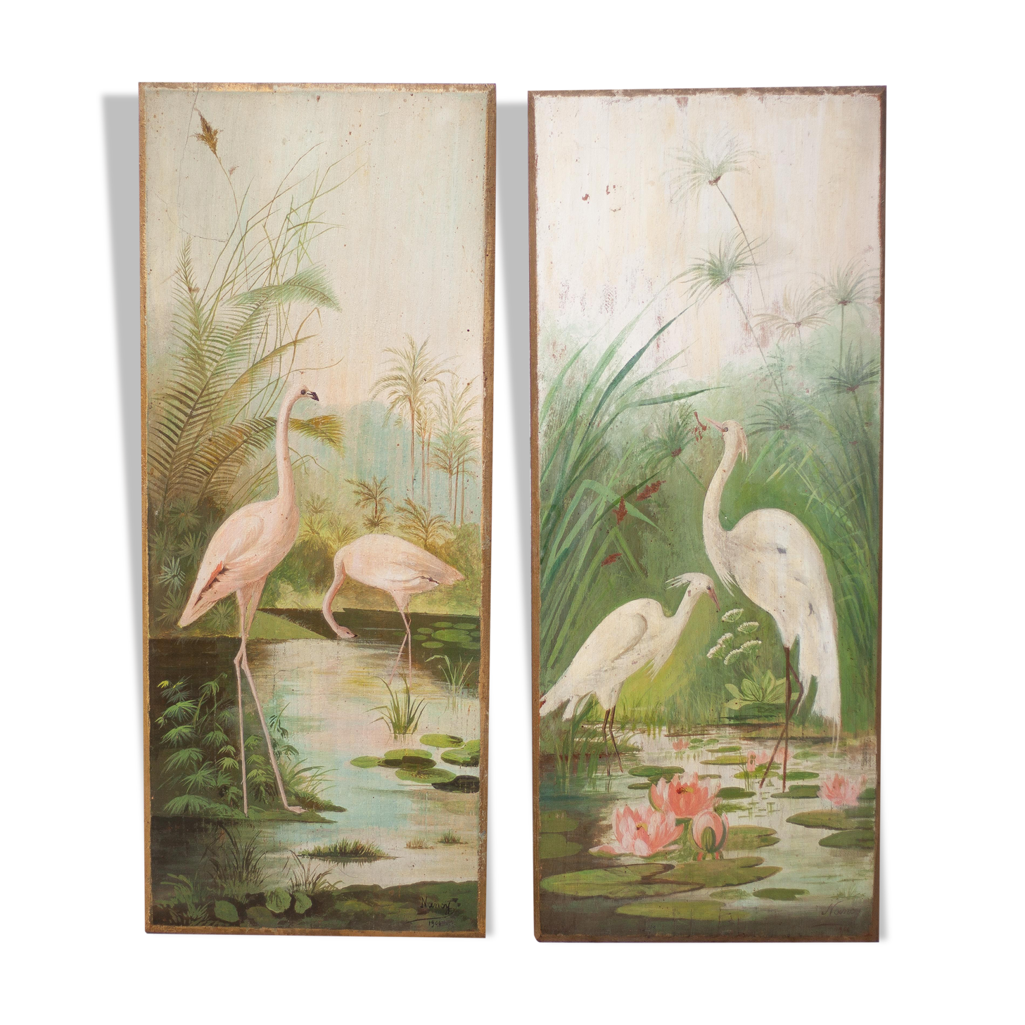 Pair of naturalistic painted wood panel signed Nancy 1900, Art Nouveau, pink flamingo bird, heron