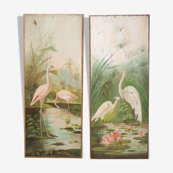 Pair of naturalistic painted wood panel signed Nancy 1900, Art Nouveau, pink flamingo bird, heron