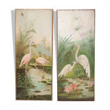 Pair of naturalistic painted wood panel signed Nancy 1900, Art Nouveau, pink flamingo bird, heron