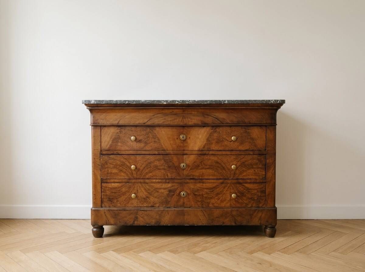 Commode ancienne en noyer avec plateau marbre