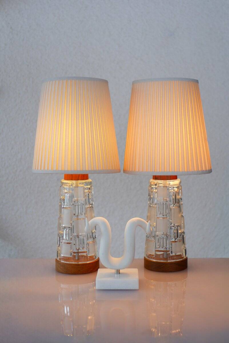 Mid-century modern Scandinavian teak and glass table lamps, set of 2