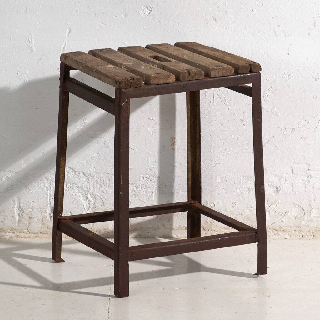 Vintage industrial stool made of pine wood and iron – Central Europe, around 1950