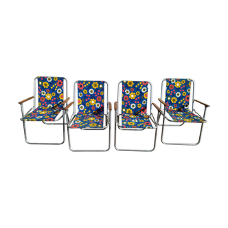 Set of 4 vintage blue folding camping chair flower blue