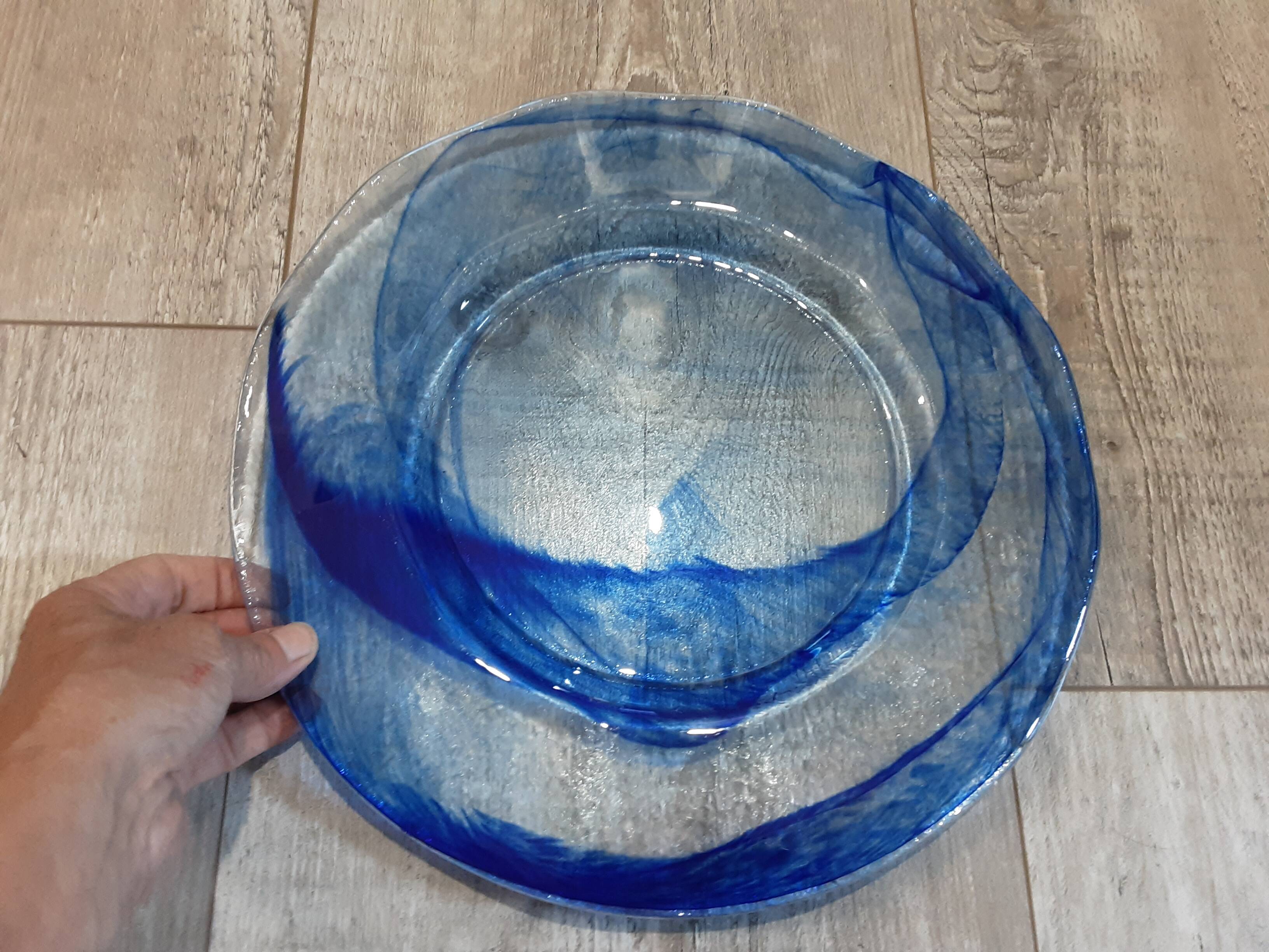 Large round blue crystal dish