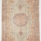 Vintage Persian Style Rug, Soft Beige Blue Medallion Handwoven Carpet