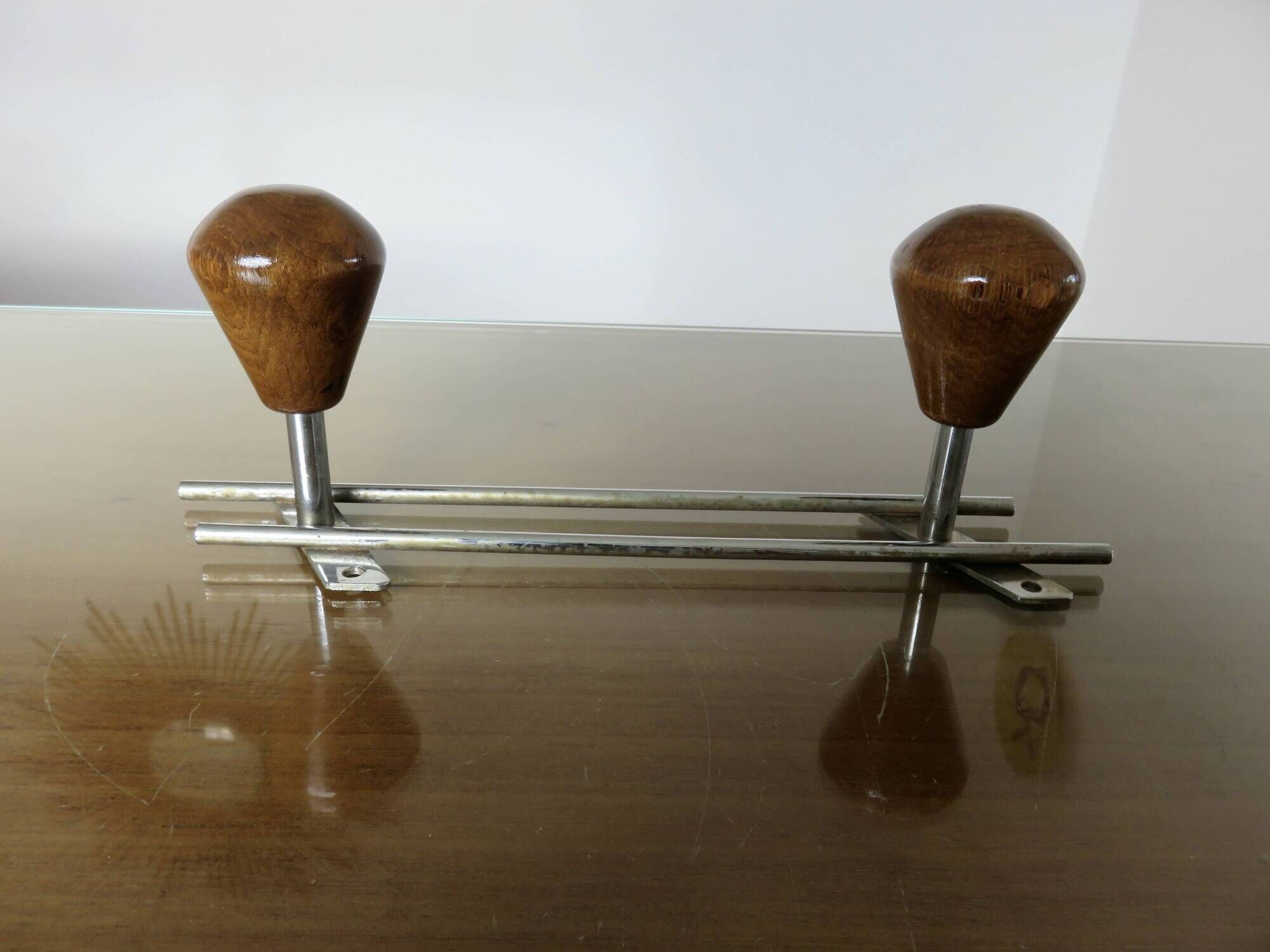 Scandinavian wall-mounted coat rack, wood and chrome-plated metal, 1960s-70s