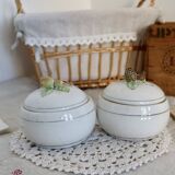 Pair of vintage porcelain candy dishes with fruit motif and gold edging