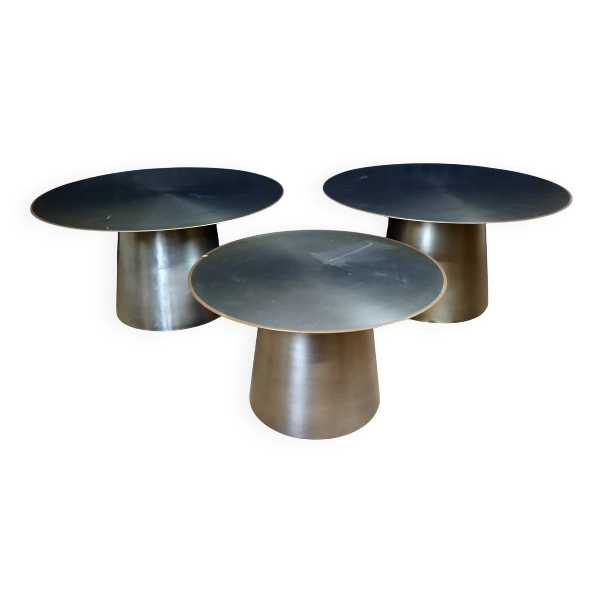 Set of three designer coffee tables in frosted metal, circa 1990/2000