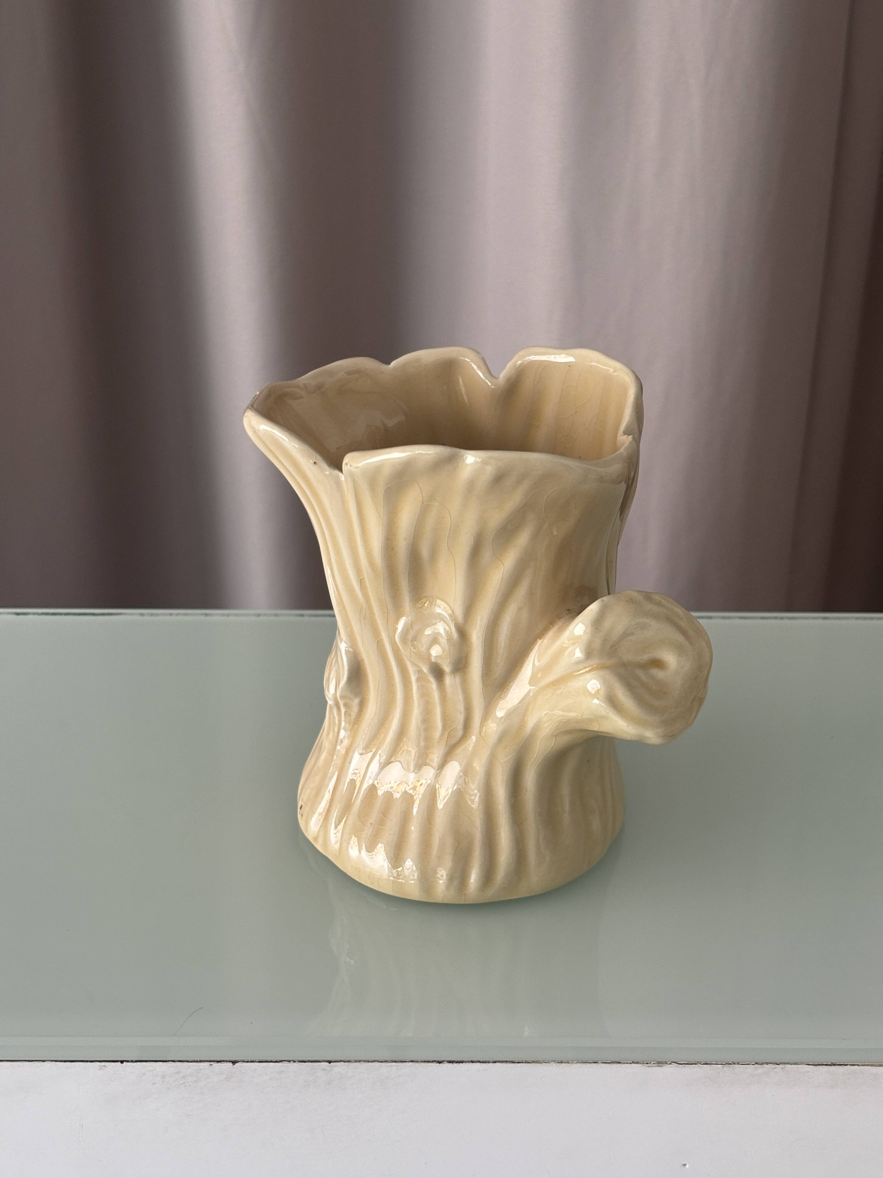 Vintage Italian Ceramic Tree Stump Vase – Bark Texture – Made in Italy