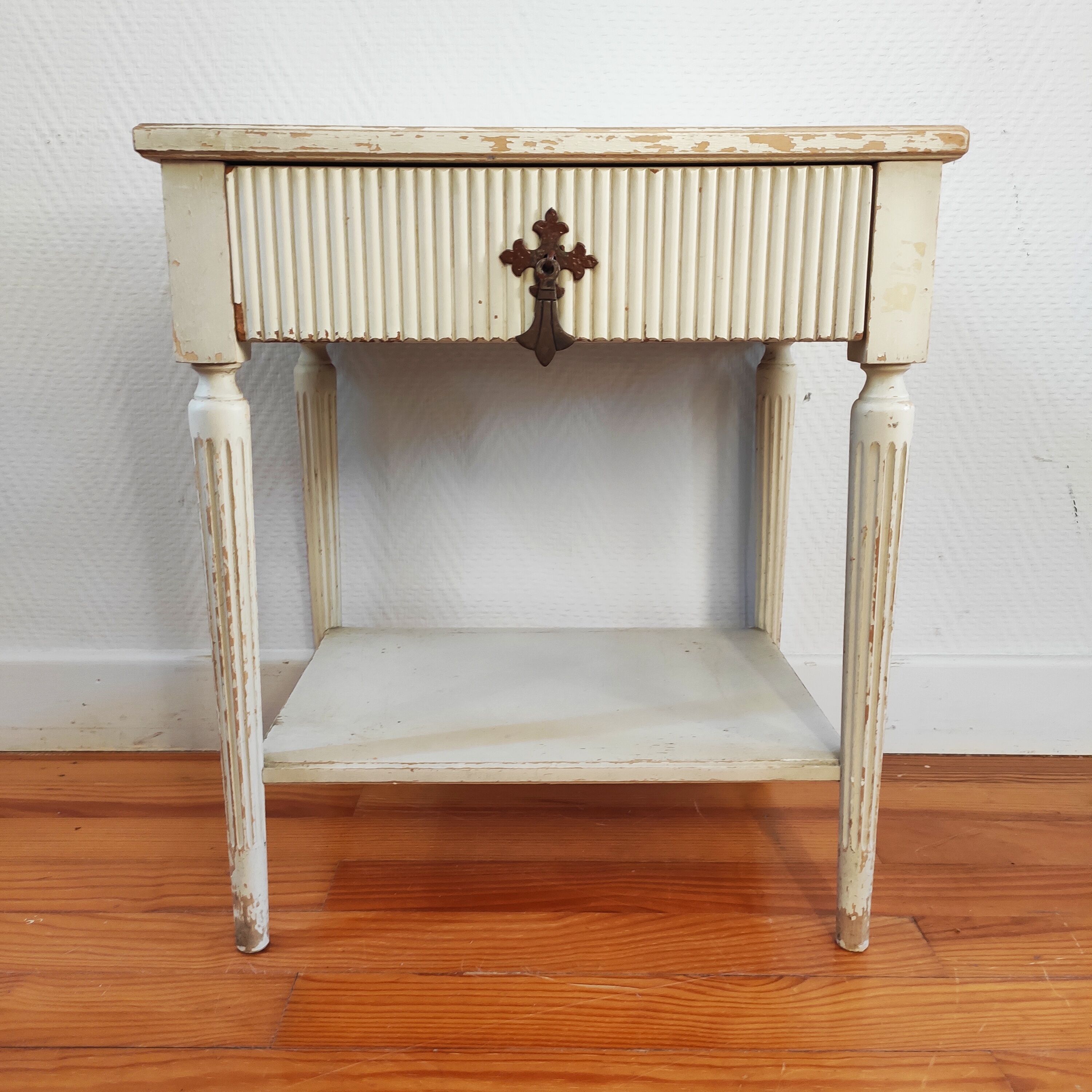 Patinated sofa end bedside