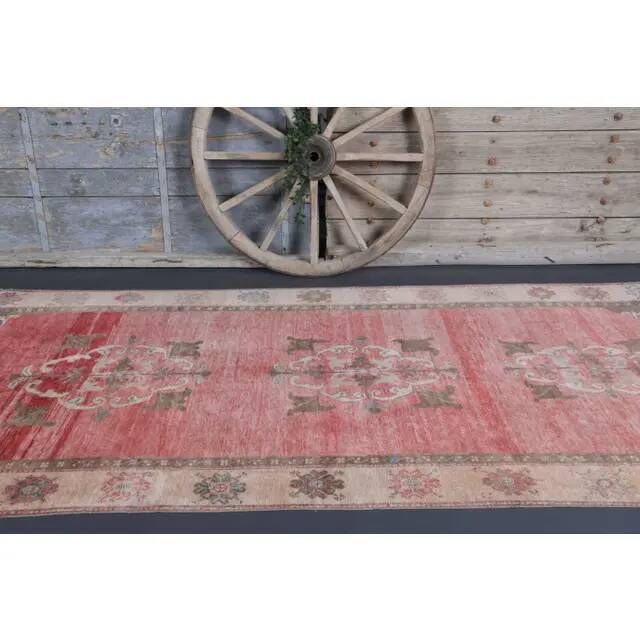 Vintage Turkish Oushak handmade pink cotton wool runner rug 163x370