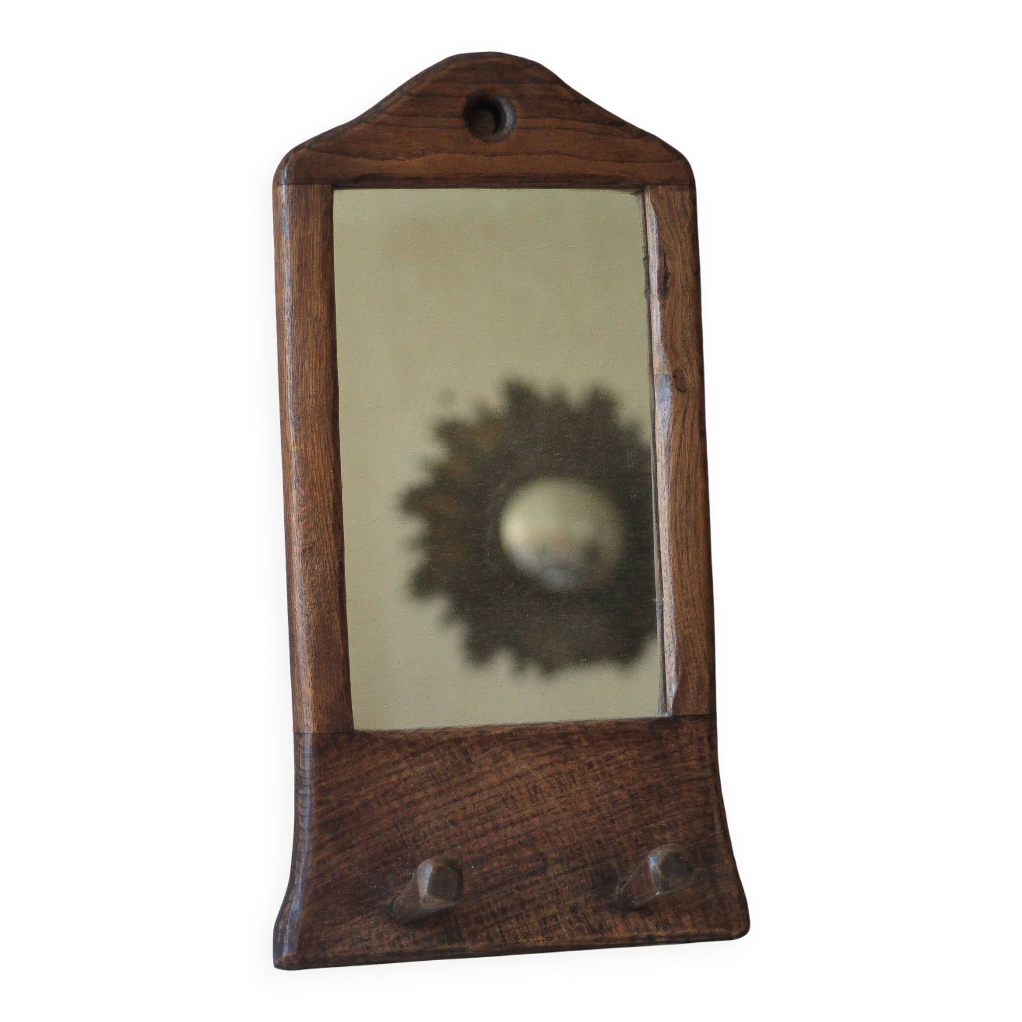 Wall-mounted coat rack mirror with solid wood hooks, brutalist mirror.