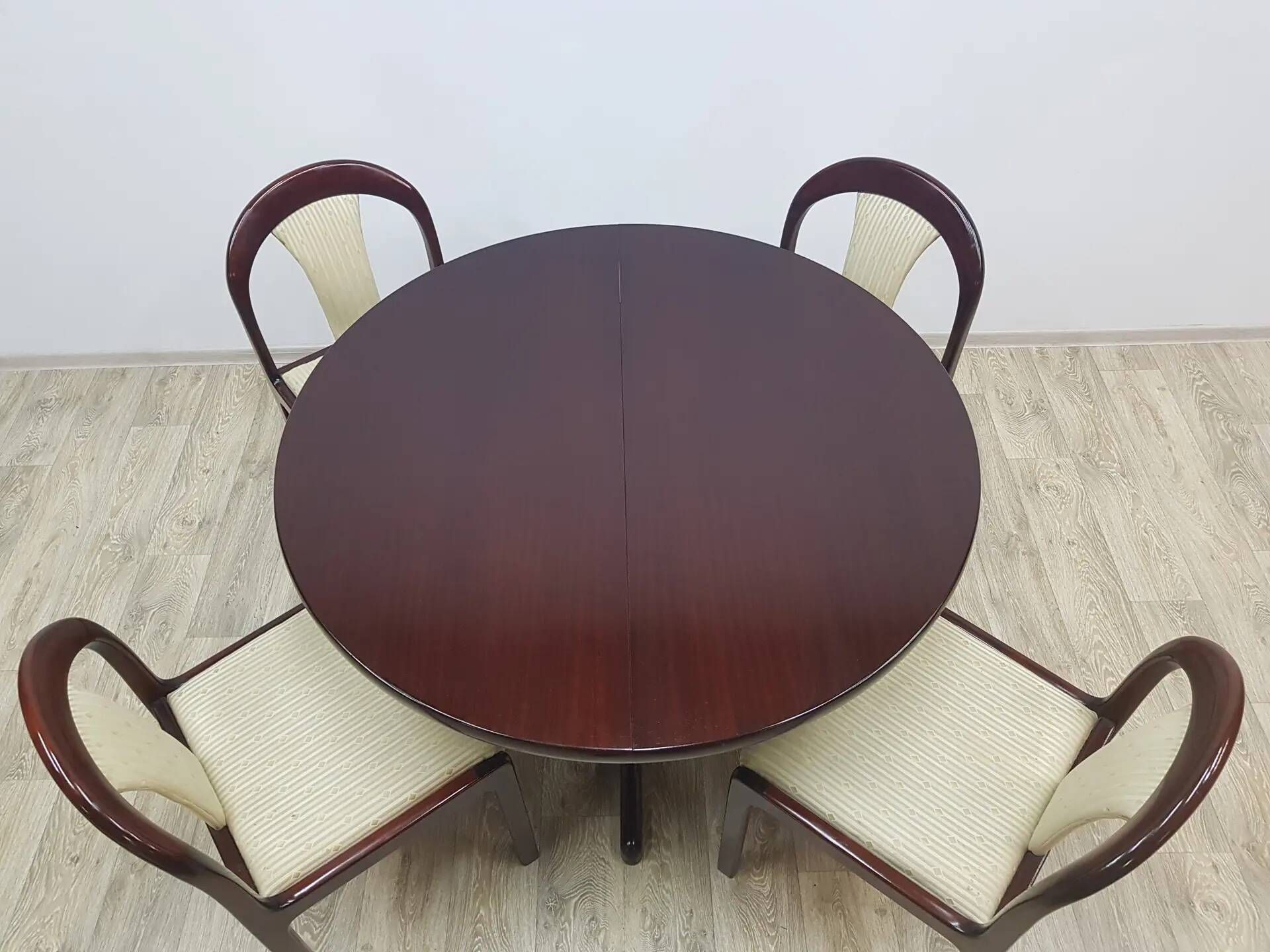 Dining set, brown mahogany, beige fabric, Lübke, Germany, 1960s.